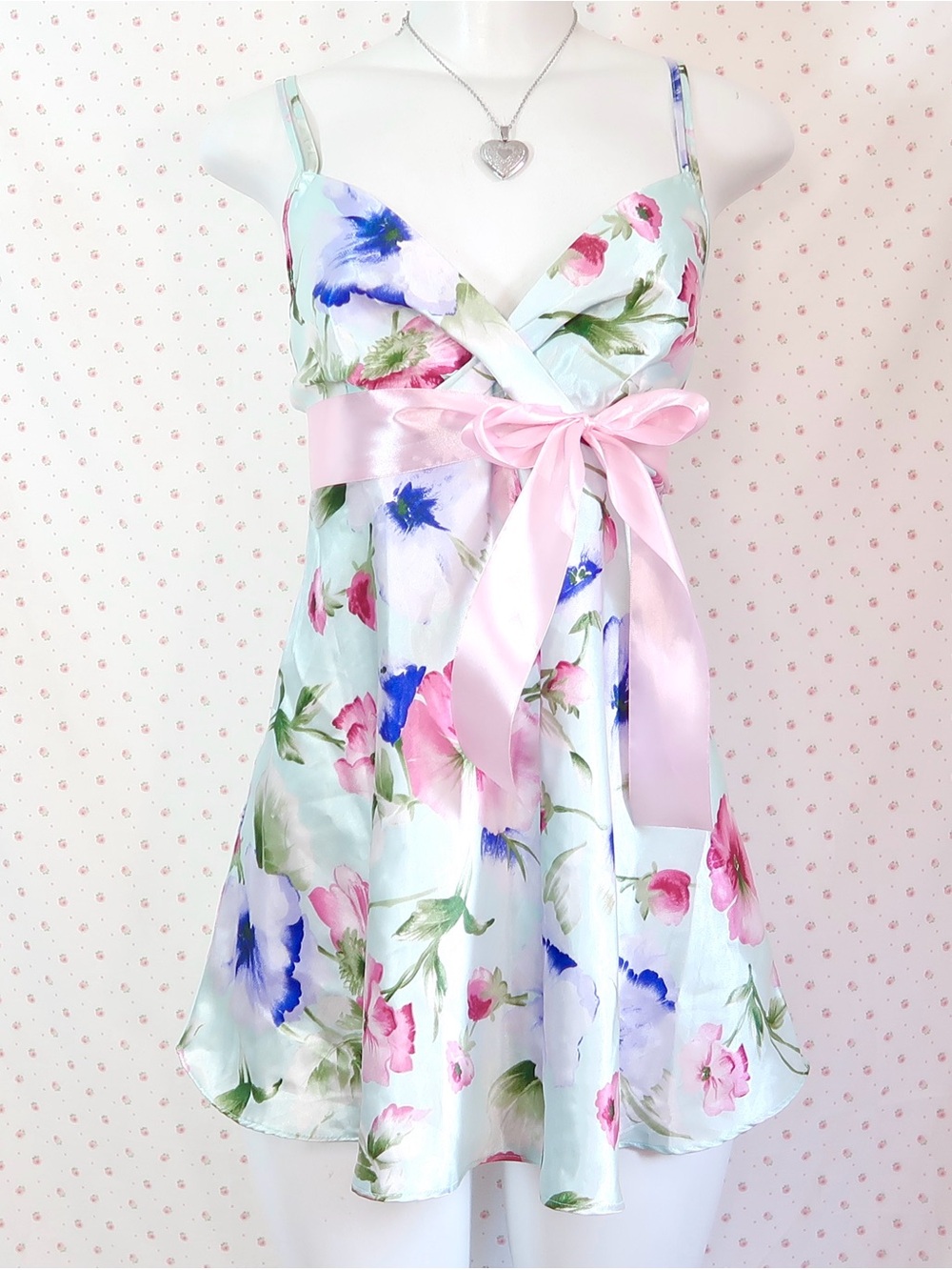 y2k BABYDOLL mint floral silky slip dress